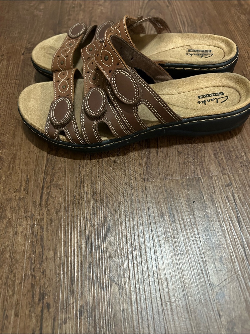 Clarks Brown Triple-Strap Leather Slide Sandals - Women's - Picture 3 of 4